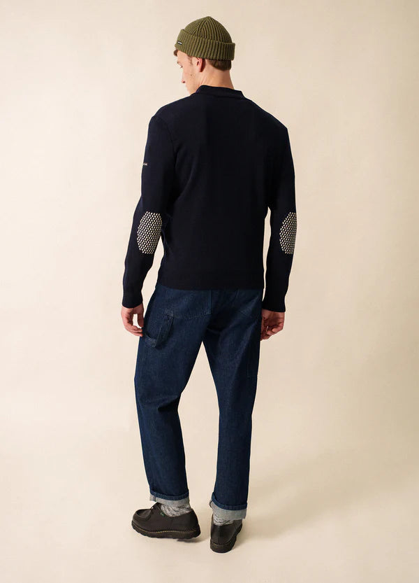 Model wearing Saint James - Cardigan Zip Equip in Navy - back.