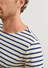 Load image into Gallery viewer, Model wearing Saint James - Minquiers Modern Men's Striped Sailor Shirt in Ecru/Marine.