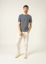 Load image into Gallery viewer, Model wearing Saint James - Levant Modern Striped SS Shirt in Marine/Ecru.