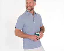 Load image into Gallery viewer, Model wearing Criquet - Performance Sport Range Polo in Hobby Stripe Navy.
