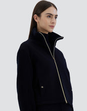 Load image into Gallery viewer, Model wearing Herno Women's Bomber Jacket in Cashmere in Dark blue.