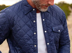 Model wearing Criquet - Quilted Shacket in Navy.