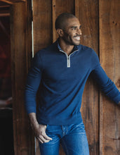 Load image into Gallery viewer, Model wearing The Normal Brand - Puremeso Weekend Quarter Zip in Indigo Blue.