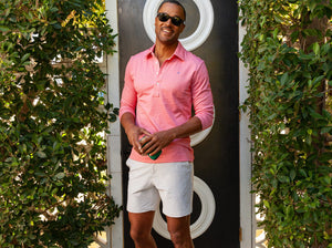Model wearing Criquet Anytime Shorts in Lunar Rock.