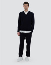 Load image into Gallery viewer, Model wearing Herno Men's Wool V-Neck LS Sweater in Blue.
