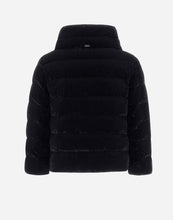 Load image into Gallery viewer, Herno Women's Marbled Velvet Jacket w/ 3/4 Sleeves & Knit Gloves in Black - back.