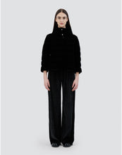 Load image into Gallery viewer, Model wearing Herno Women's Marbled Velvet Jacket w/ 3/4 Sleeves & Knit Gloves in Black.