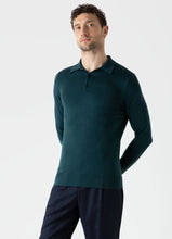 Load image into Gallery viewer, Model wearing Sunspel - Fine Merino Wool LS Polo Shirt in Peacock.