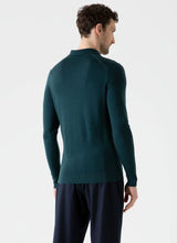 Load image into Gallery viewer, Model wearing Sunspel - Fine Merino Wool LS Polo Shirt in Peacock - back.
