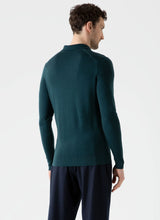 Load image into Gallery viewer, Model wearing Sunspel - Fine Merino Wool LS Polo Shirt in Peacock - back.