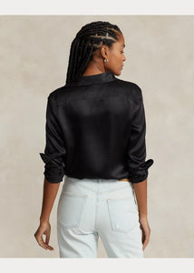 Model wearing Polo Ralph Lauren - Classic Fit Silk Shirt in Black - back.