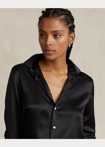 Model wearing Polo Ralph Lauren - Classic Fit Silk Shirt in Black.