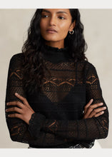 Load image into Gallery viewer, Model wearing Polo Ralph Lauren - Ruffle-Trim Pointelle-Knit Top in Black.