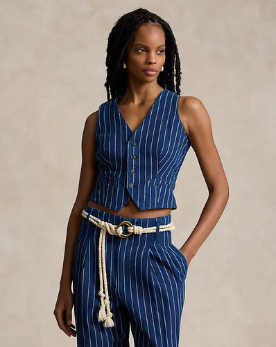 Model wearing Polo Ralph Lauren - Pinstripe Linen/Cotton Vest in Navy.