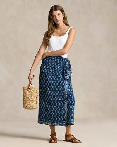 Model wearing Polo Ralph Lauren - Printed Cotton Wrap Skirt in Navy/Bell Floral.