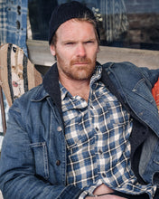 Load image into Gallery viewer, Model wearing RRL - Plaid Double-Faced Workshirt in Blue Multi.