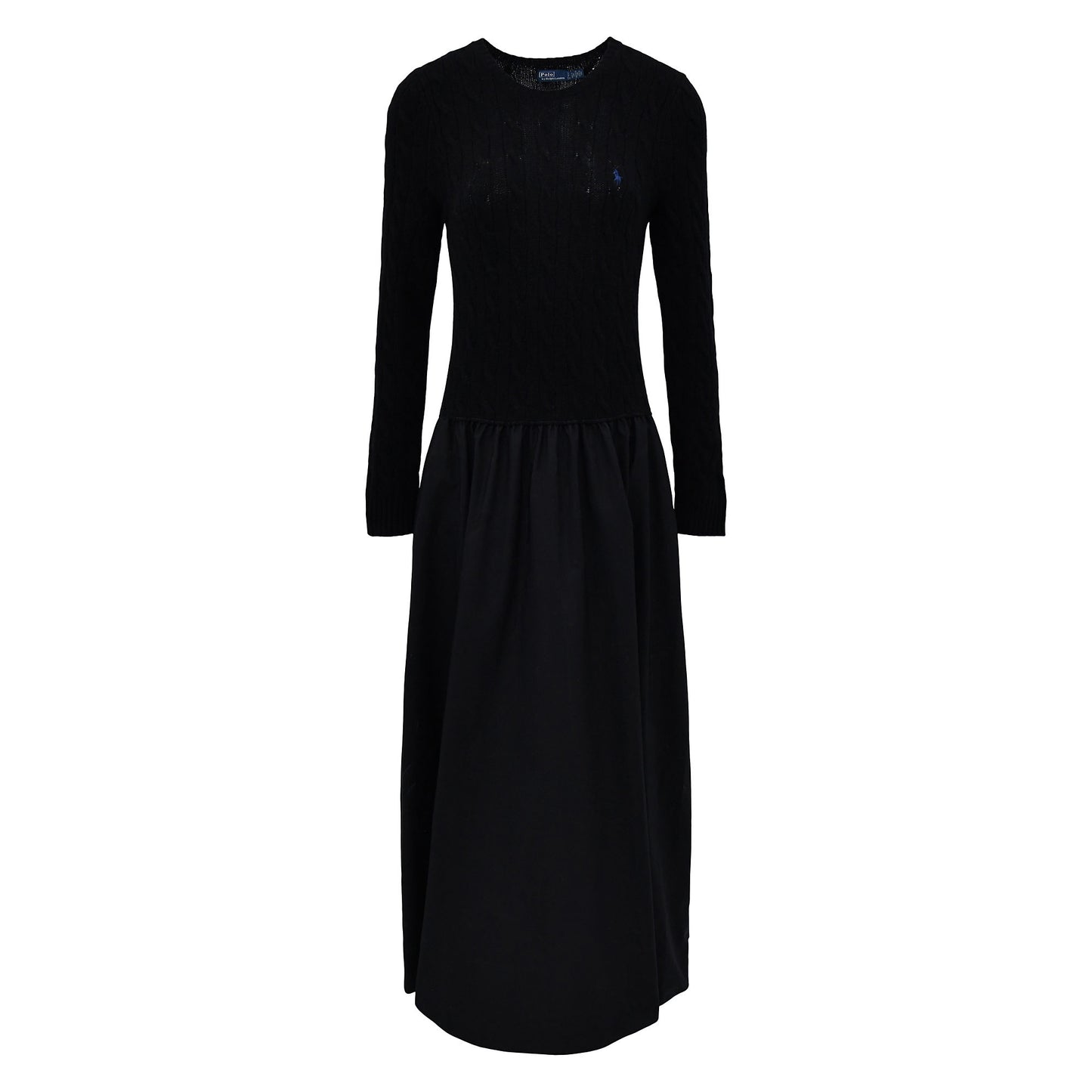 Polo Ralph Lauren - Wool/Cashmere Poplin Crew Neck LS Fit & Flare Dress in Black.
