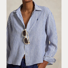 Load image into Gallery viewer, Model wearing Polo Ralph Lauren - Wide Cropped Striped Linen Shirt in White/Blue.
