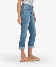 Load image into Gallery viewer, Model wearing Kut From The Kloth - Amy Crop Straight Leg Roll-Up KP0216MD5 in Lucky w/Med base wash.