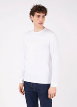 Load image into Gallery viewer, Model wearing Sunspel - Riviera LS Crew Neck Supima Cotton T-shirt in White.