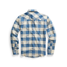 Load image into Gallery viewer, RRL - Long-sleeve Twill Plaid Buffalo Western Style Workshirt in Indigo - back.