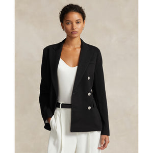 Model wearing Polo Ralph Lauren - Knit Double-Breasted Blazer in Black.