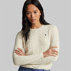 Model wearing Polo Ralph Lauren - Cable-Knit Wool Cashmere Julianna Sweater in White.