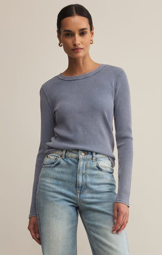 Model wearing ZSupply Arlet Mini Thermal Top in Storm Cloud.