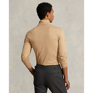 Model wearing POLO Ralph Lauren - L/S Soft Touch Turtleneck in Classic Camel Heather - back.