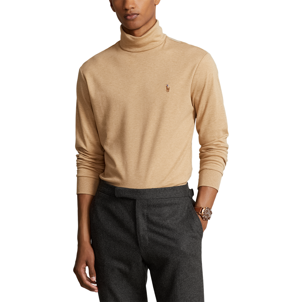 Model wearing POLO Ralph Lauren - L/S Soft Touch Turtleneck in Classic Camel Heather.