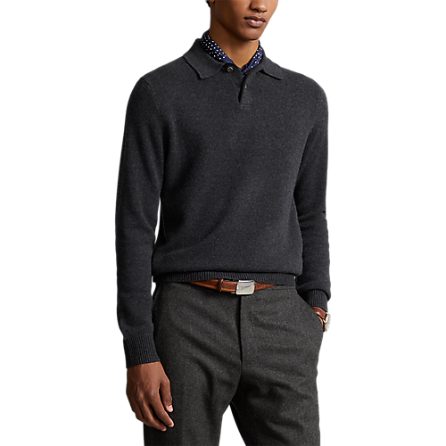 Model wearing POLO Ralph Lauren - Original Label Cashmere Sweater with Placket in Dark Granite Heather.