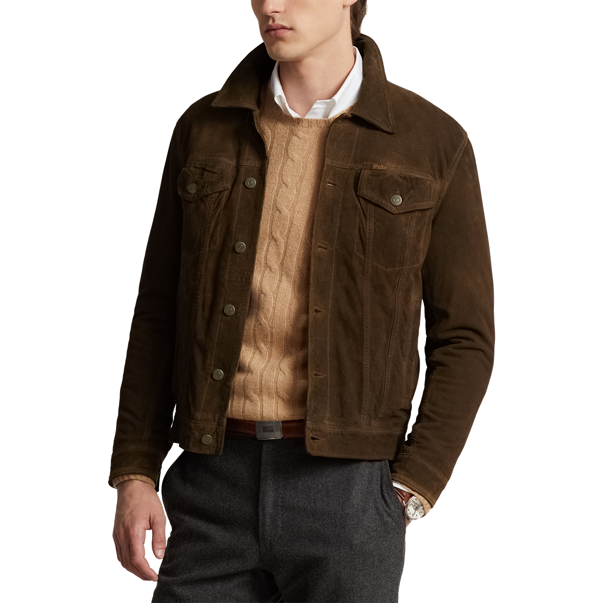 Model wearing POLO Ralph Lauren - Original Label RL Icon Goat Suede Trucker Jacket in Tobacco.