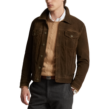Load image into Gallery viewer, Model wearing POLO Ralph Lauren - Original Label RL Icon Goat Suede Trucker Jacket in Tobacco.
