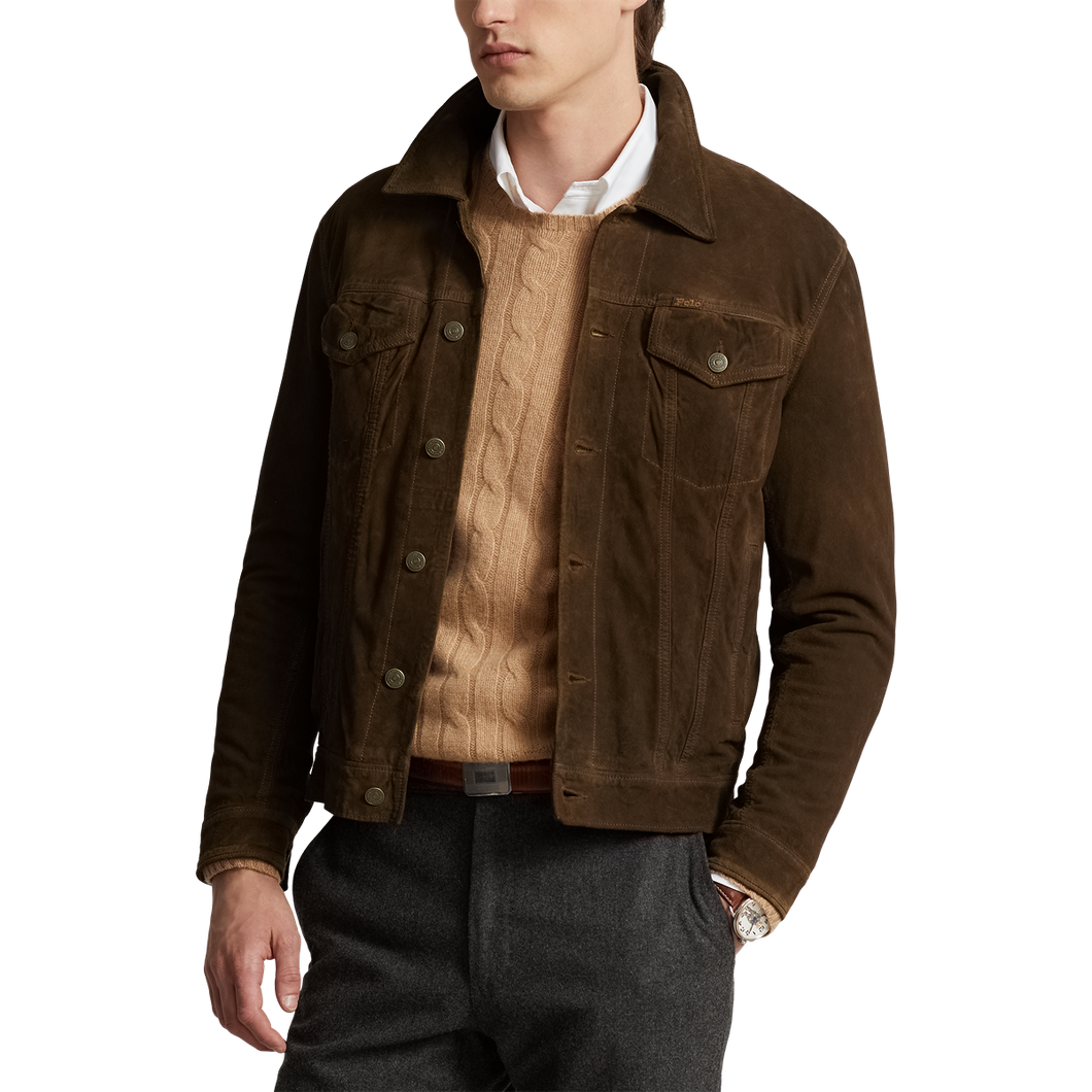 Model wearing POLO Ralph Lauren - Original Label RL Icon Goat Suede Trucker Jacket in Tobacco.