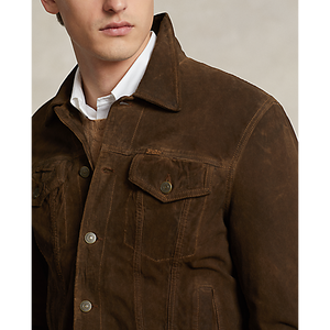 Model wearing POLO Ralph Lauren - Original Label RL Icon Goat Suede Trucker Jacket in Tobacco.