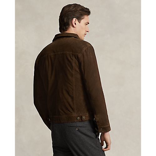 Model wearing POLO Ralph Lauren - Original Label RL Icon Goat Suede Trucker Jacket in Tobacco - back.