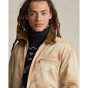 Model wearing POLO Ralph Lauren - Sportman Cotton Canvas Full-Zip Jacket w/ Corduroy Collar in Pennekamp.
