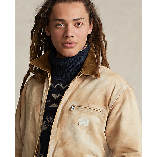 Model wearing POLO Ralph Lauren - Sportman Cotton Canvas Full-Zip Jacket w/ Corduroy Collar in Pennekamp.