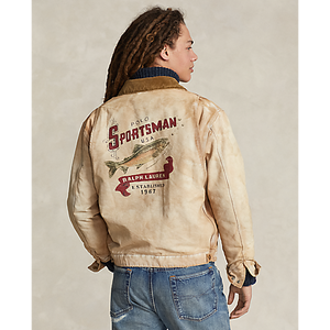Model wearing POLO Ralph Lauren - Sportman Cotton Canvas Full-Zip Jacket w/ Corduroy Collar in Pennekamp - back.