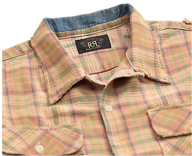 RRL - LS Cotton Twill Plaid Carter Camp Shirt w/ Patch Repairs