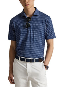 model wearing RLX- SS Lightweight Airflow Printed Polo - Navy Golf Buggy