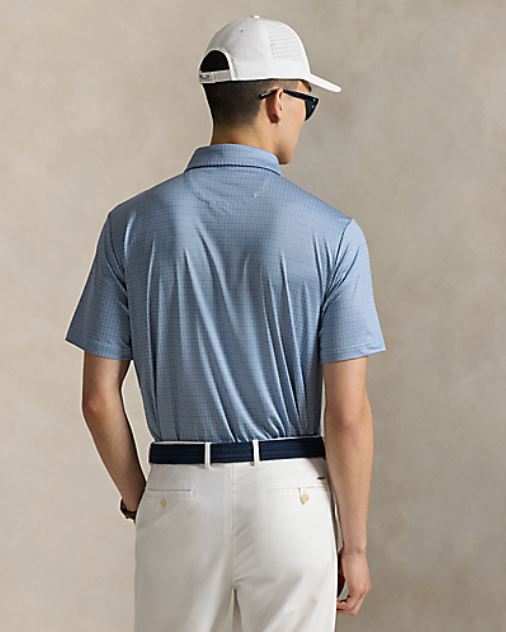 model wearing RLX- SS Featherweight Airflow Jersey Knit Polo - Mulligan Foulard - back