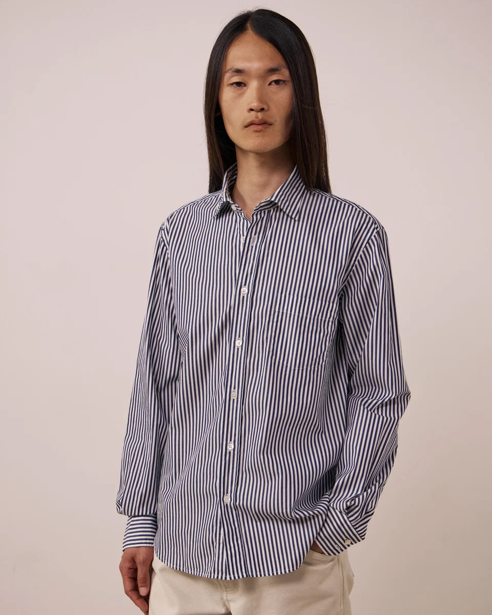 Hartford - Paul Navy Blue Striped Poplin Shirt