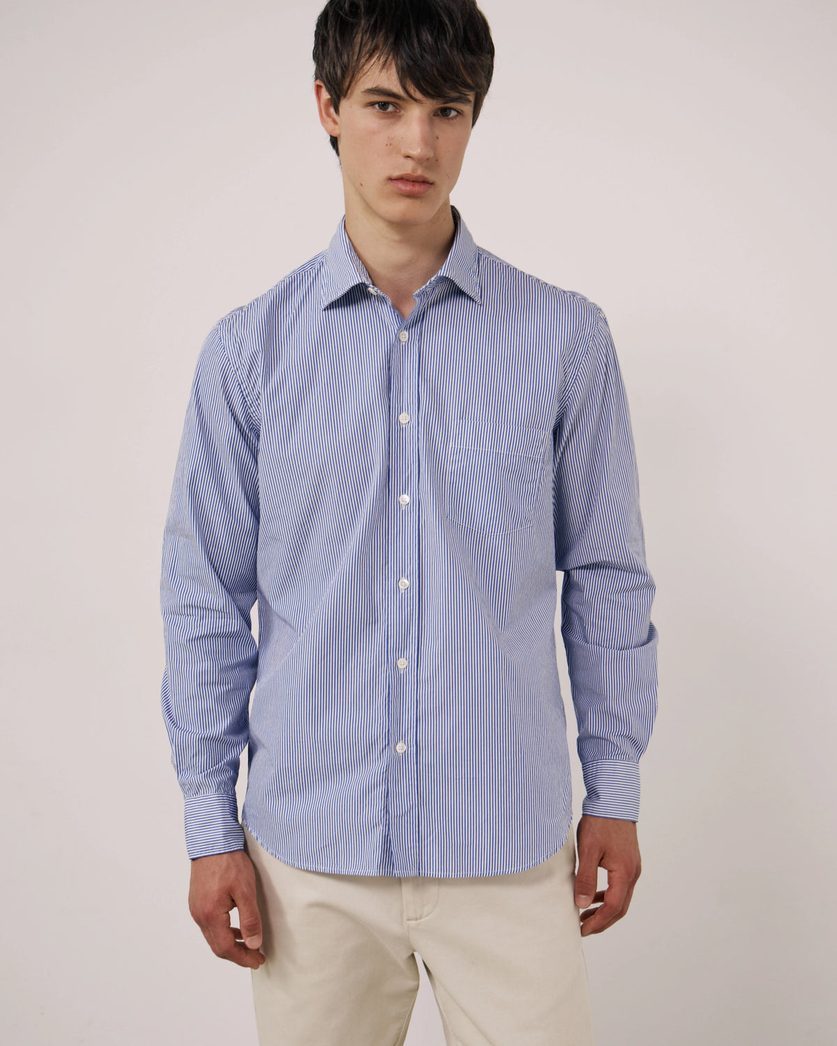 Hartford - Paul Navy Blue Striped Poplin Shirt