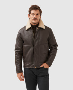 Model wearing Rodd & Gunn - Arrowtown Shearling Leather Jacket in Mocha.