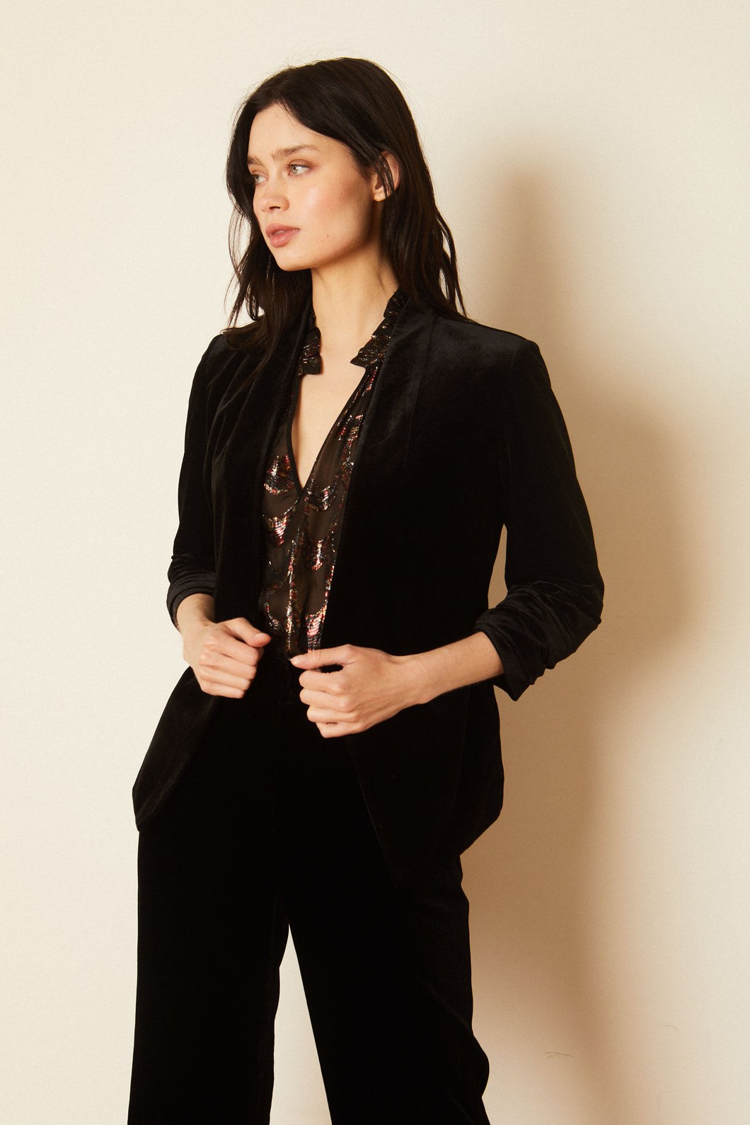 Model wearing Caballero - Bex Black Velvet Blazer.