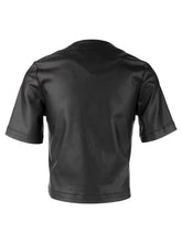 Load image into Gallery viewer, Kut from the Kloth - Esmeray SS Crew Neck Faux Leather Shirt in Black - back.
