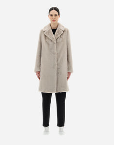 Model wearing Herno - Faux Fur Long Coat in Chantilly.