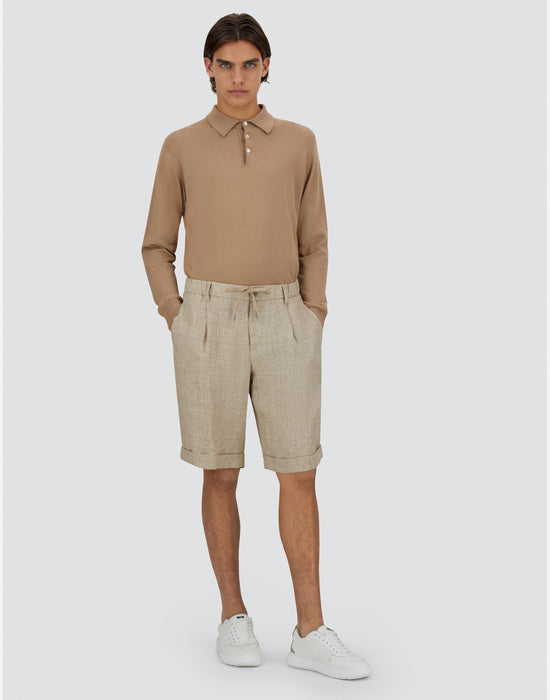 Model wearing Herno - Men's Welsh Linen Shorts in Cammello.