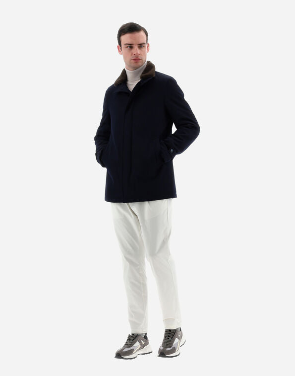 Model wearing Herno - Men's Carcoat in Storm System Diagonal Wool in Blu Navy.